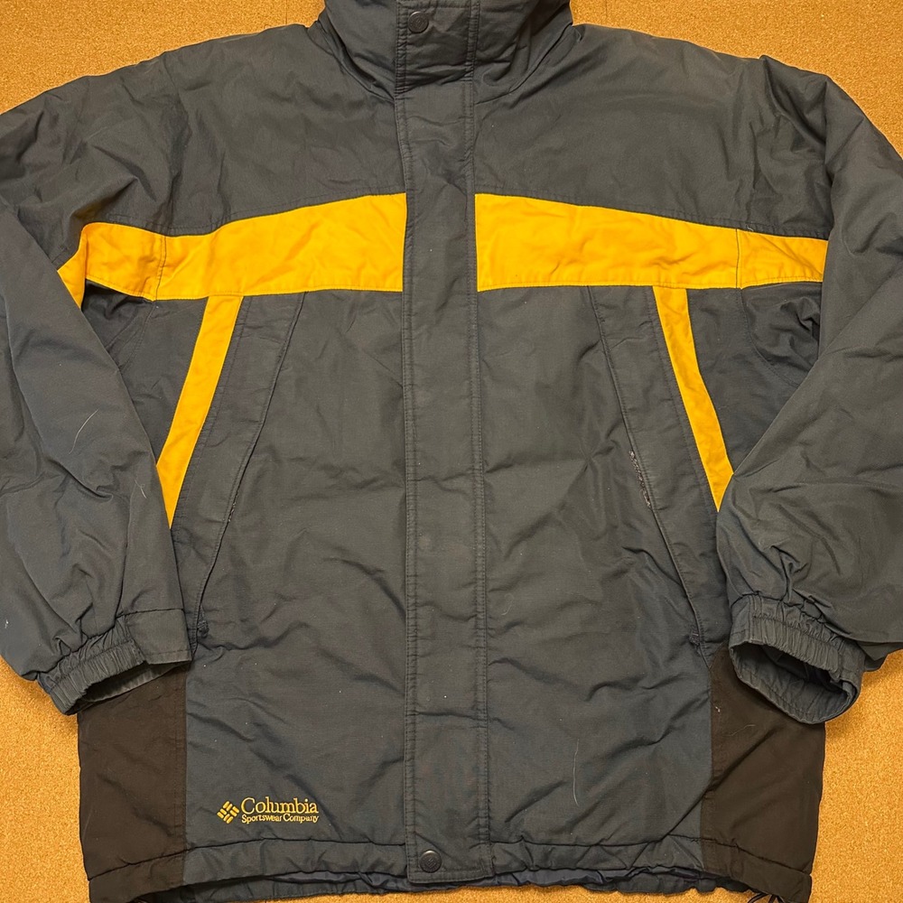 Columbia Winter Jacket Mens M Navy Blue Yellow Colorblock Full Zip Puffer Coat